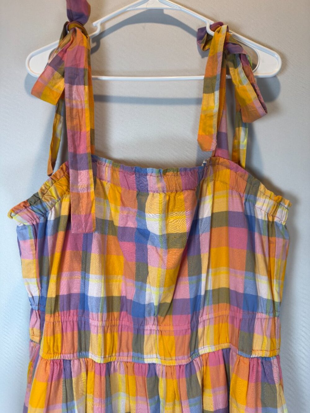Free Assembly XXL Cotton Pastel Plaid Tiered Sundress Tie Straps Lined Pockets - Picture 3 of 14